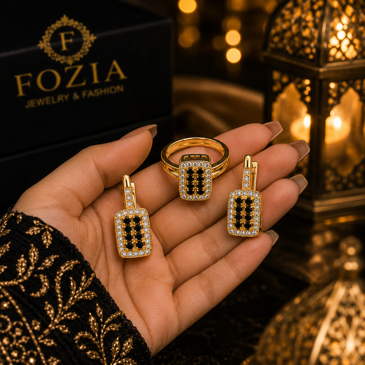 Royal Noir Crystal Ring & Earrings Set