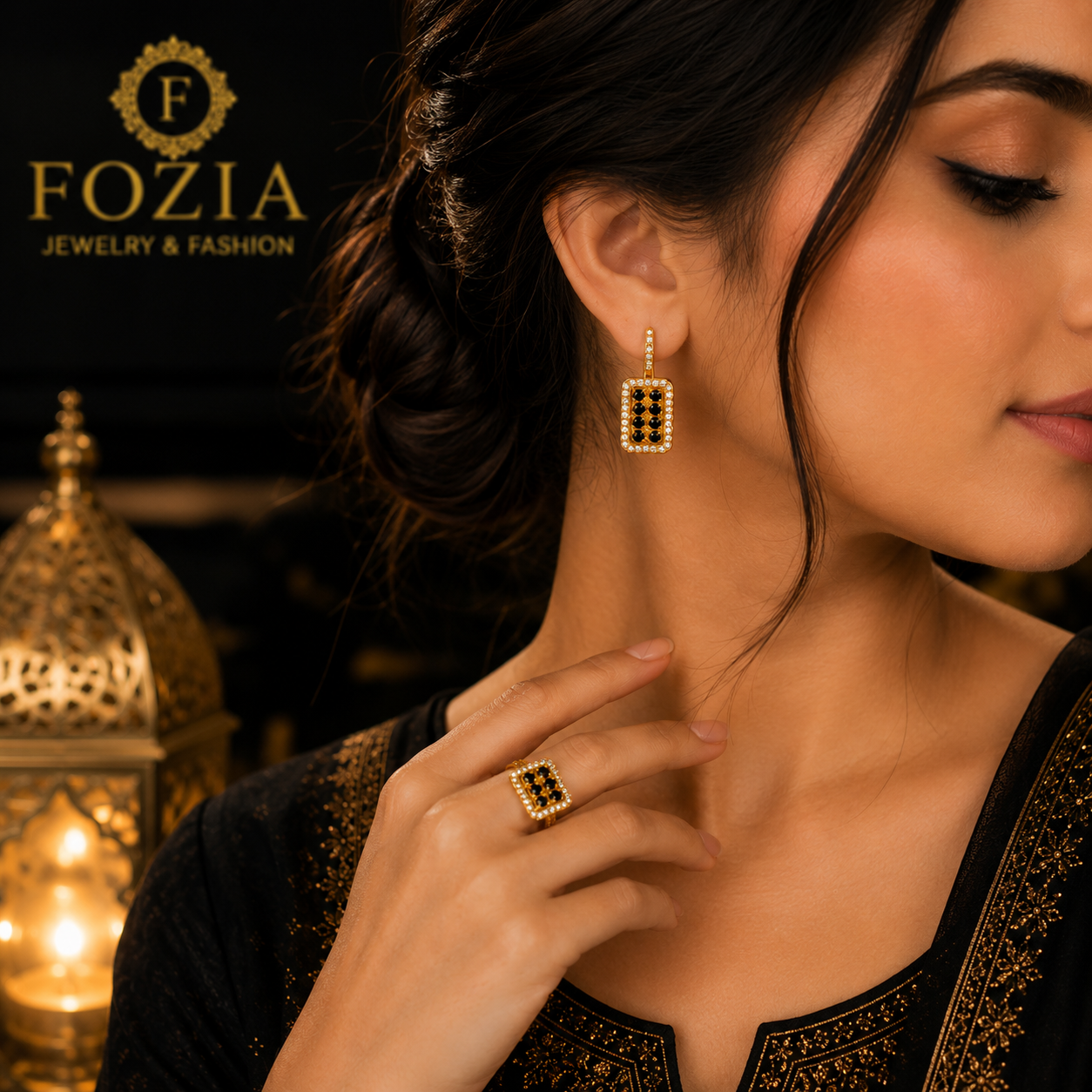 Royal Noir Crystal Ring & Earrings Set