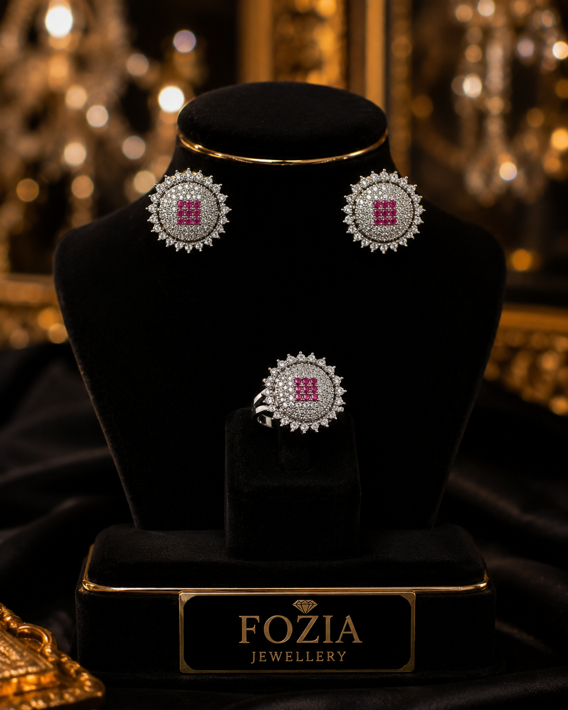 Royal Pink Halo Silver Ring + Earrings Set