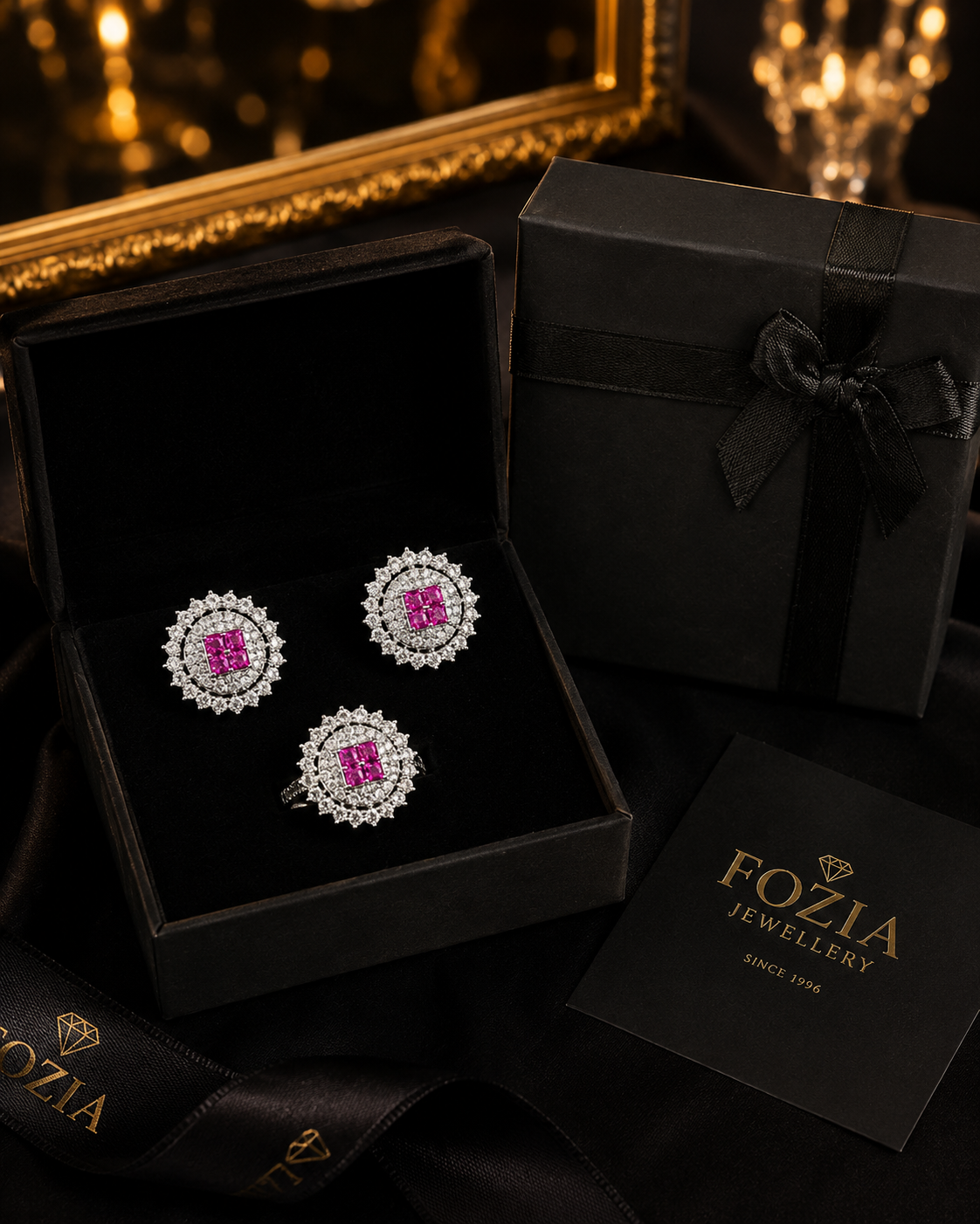 Royal Pink Halo Silver Ring + Earrings Set