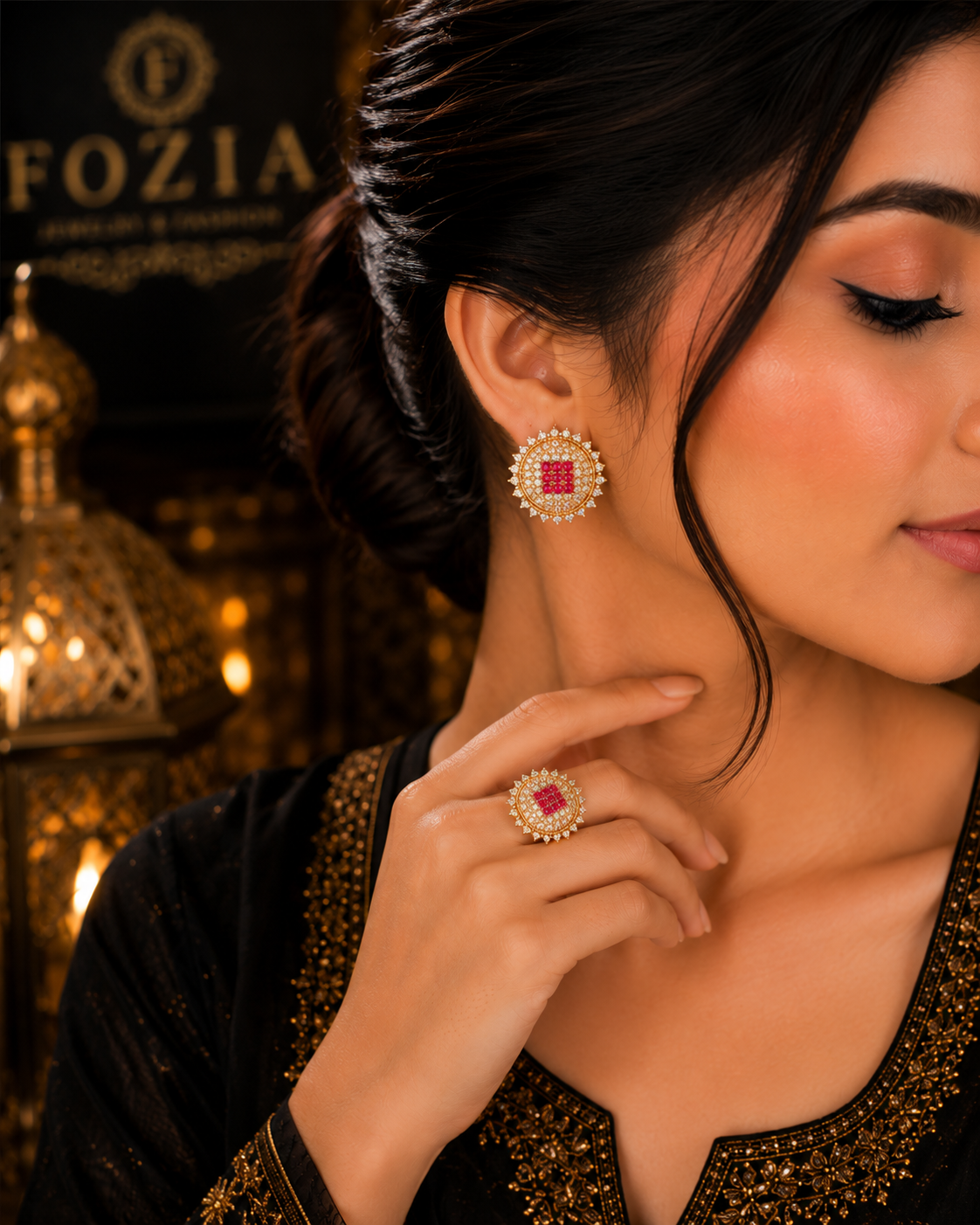 Royal Ruby Halo Ring + Earrings Set